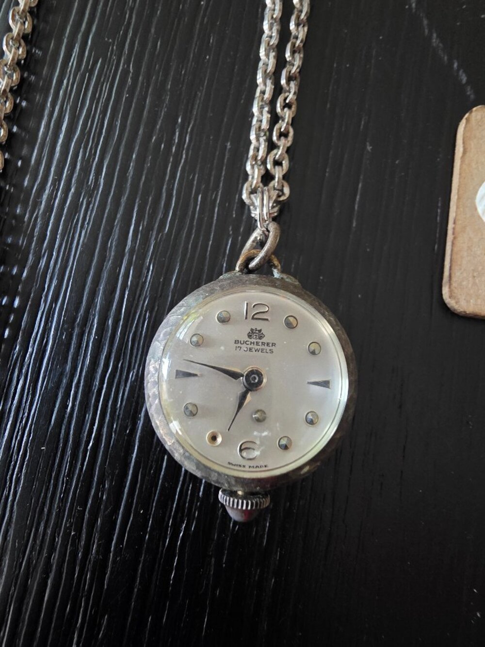 Item #W113 Vintage Bucherer necklace 29in chain Swiss .800 silver Watch.